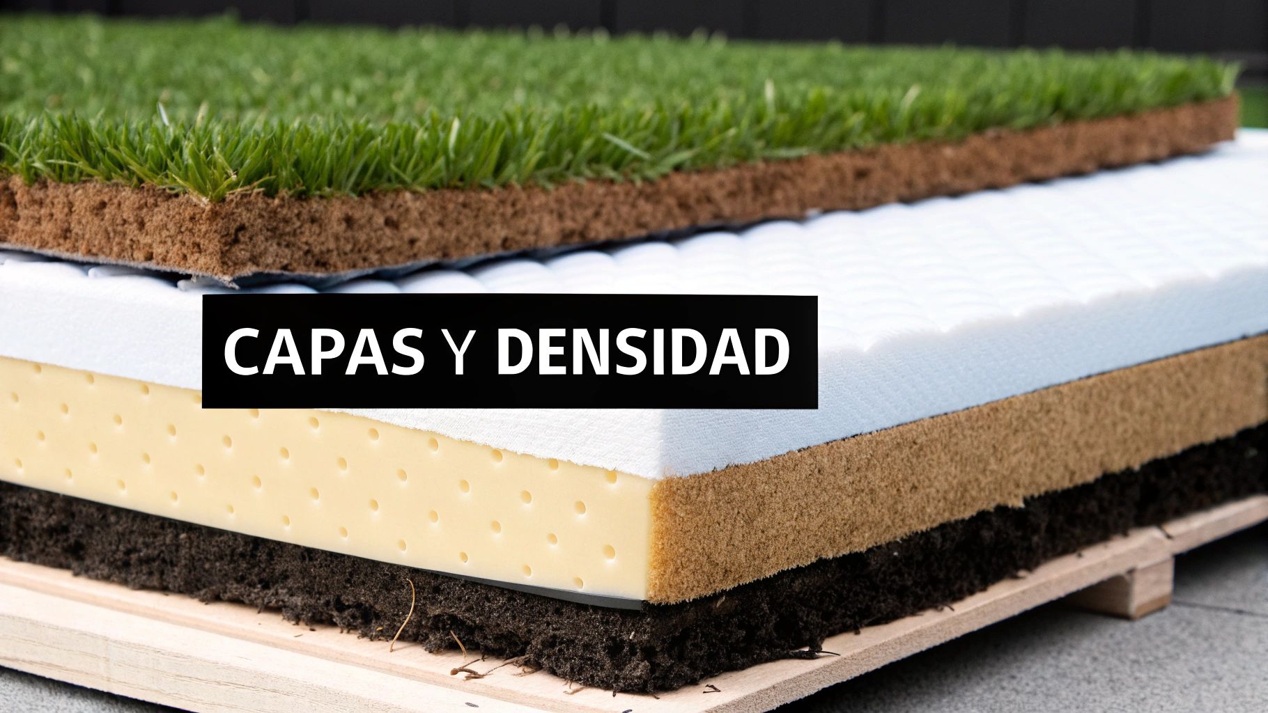 Detalle de un colchón o sistema de capas con diferentes materiales y densidades, incluyendo césped artificial. Título: Capas y Densidad.