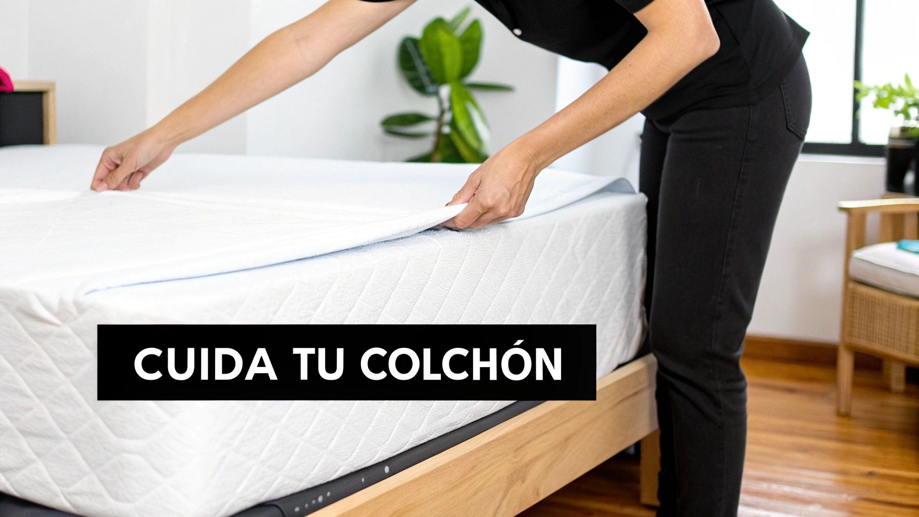 Una persona coloca un protector blanco acolchado sobre un colchón en una cama de madera.