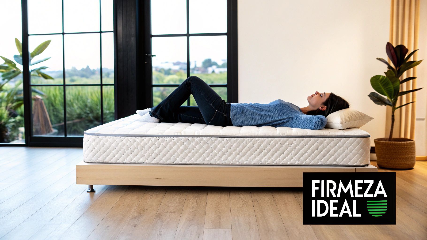 Mujer relajada tumbada de espaldas en un colchón blanco con base de madera, junto a una ventana soleada.