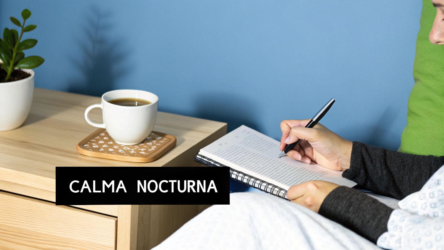 Persona escribiendo en un cuaderno con bolígrafo, junto a una taza de café y una planta, con texto 'CALMA NOCTURNA'.