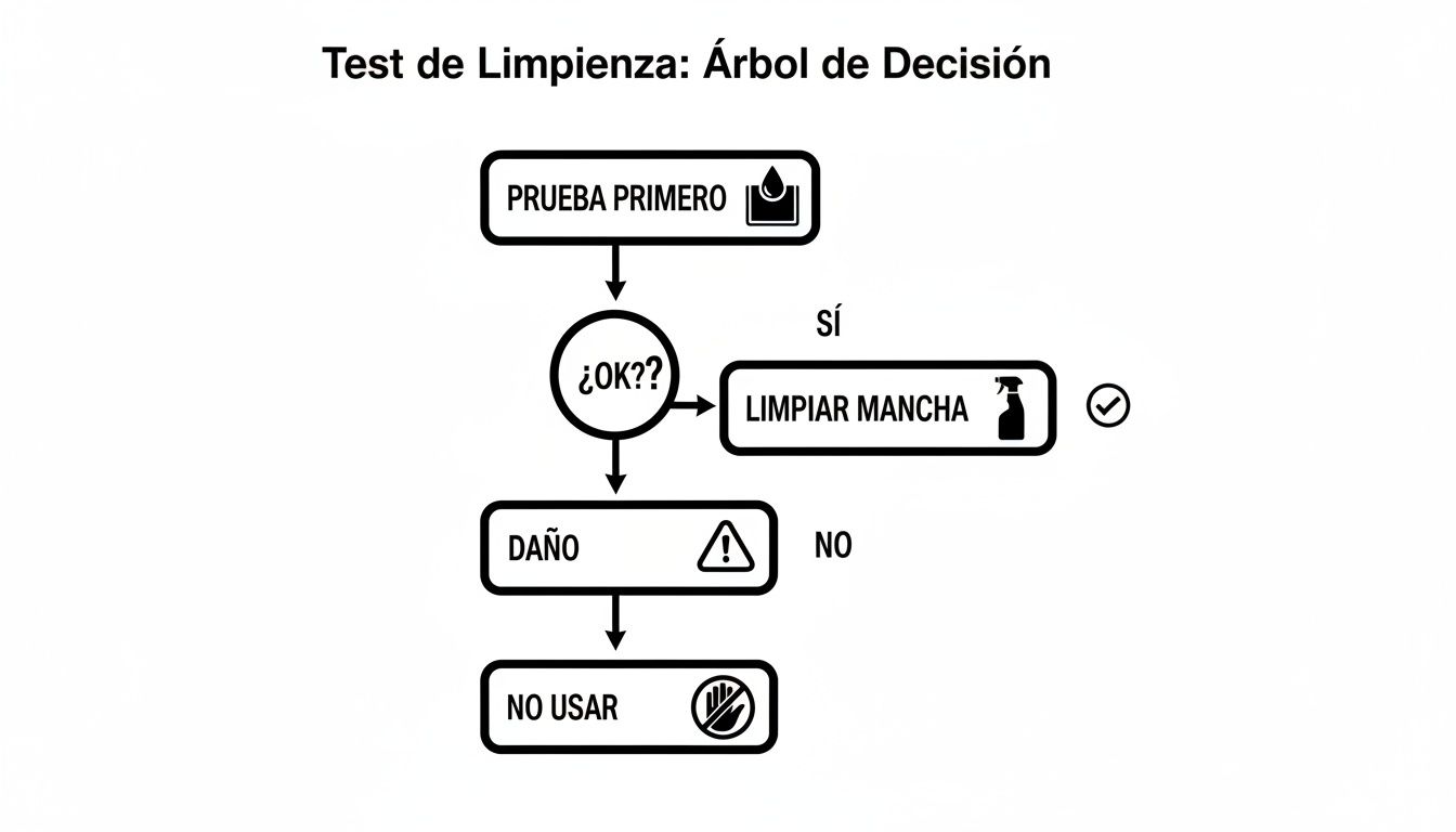 Árbol de decisión para limpiar manchas, probando primero para evitar daños y asegurar un uso seguro.