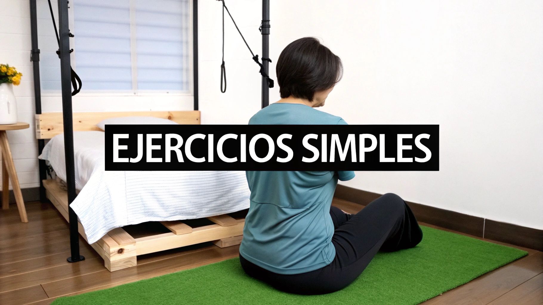 Mujer sentada en una colchoneta verde, haciendo ejercicios simples, con una cama y ventana de fondo.