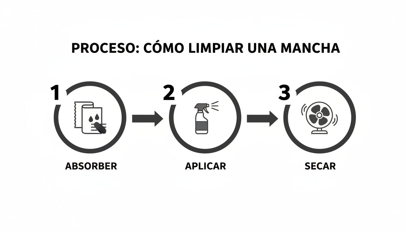 Infografía del proceso para limpiar una mancha: absorber, aplicar producto y secar con ventilador.