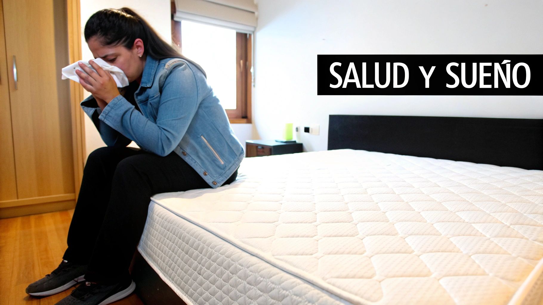 Una mujer sentada en la cama se suena la nariz con un pañuelo, con el texto 'Salud y Sueño'.