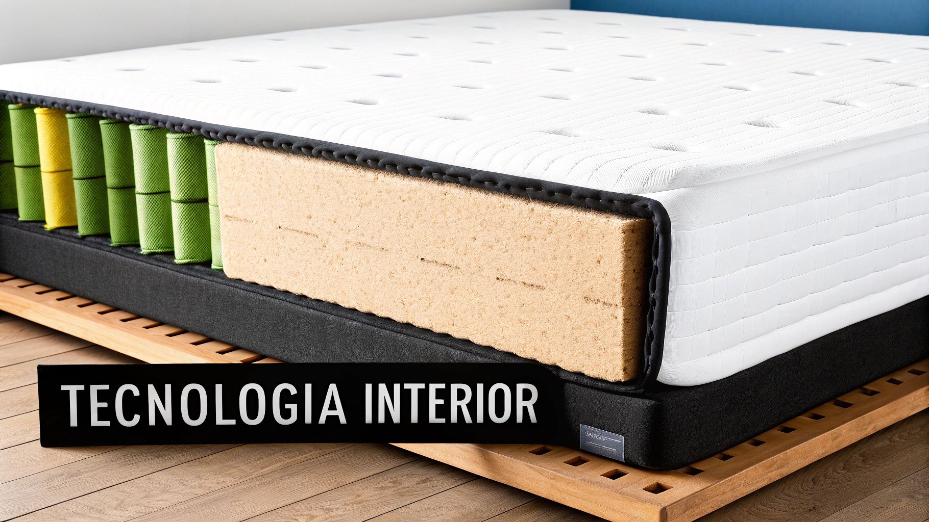 Imagen detallada de un colchón con un corte transversal que muestra sus capas internas, muelles ensacados y espuma.