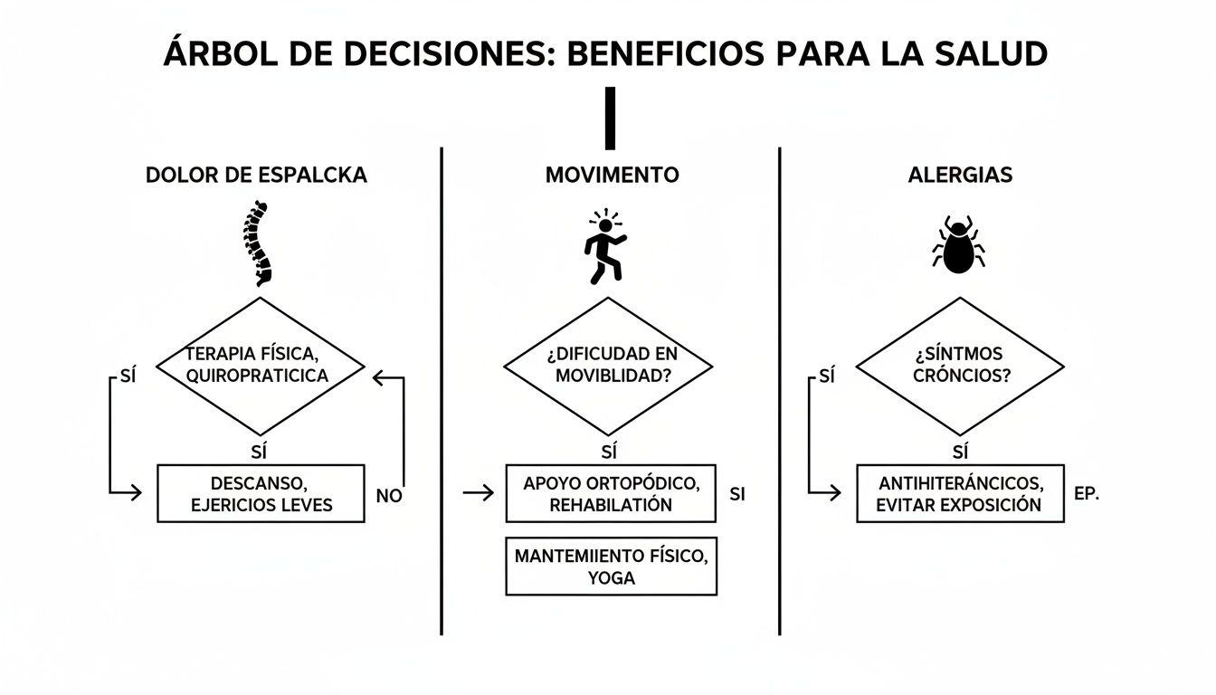 Árbol de decisiones sobre beneficios para la salud, abordando dolor de espalda, movilidad y alergias.