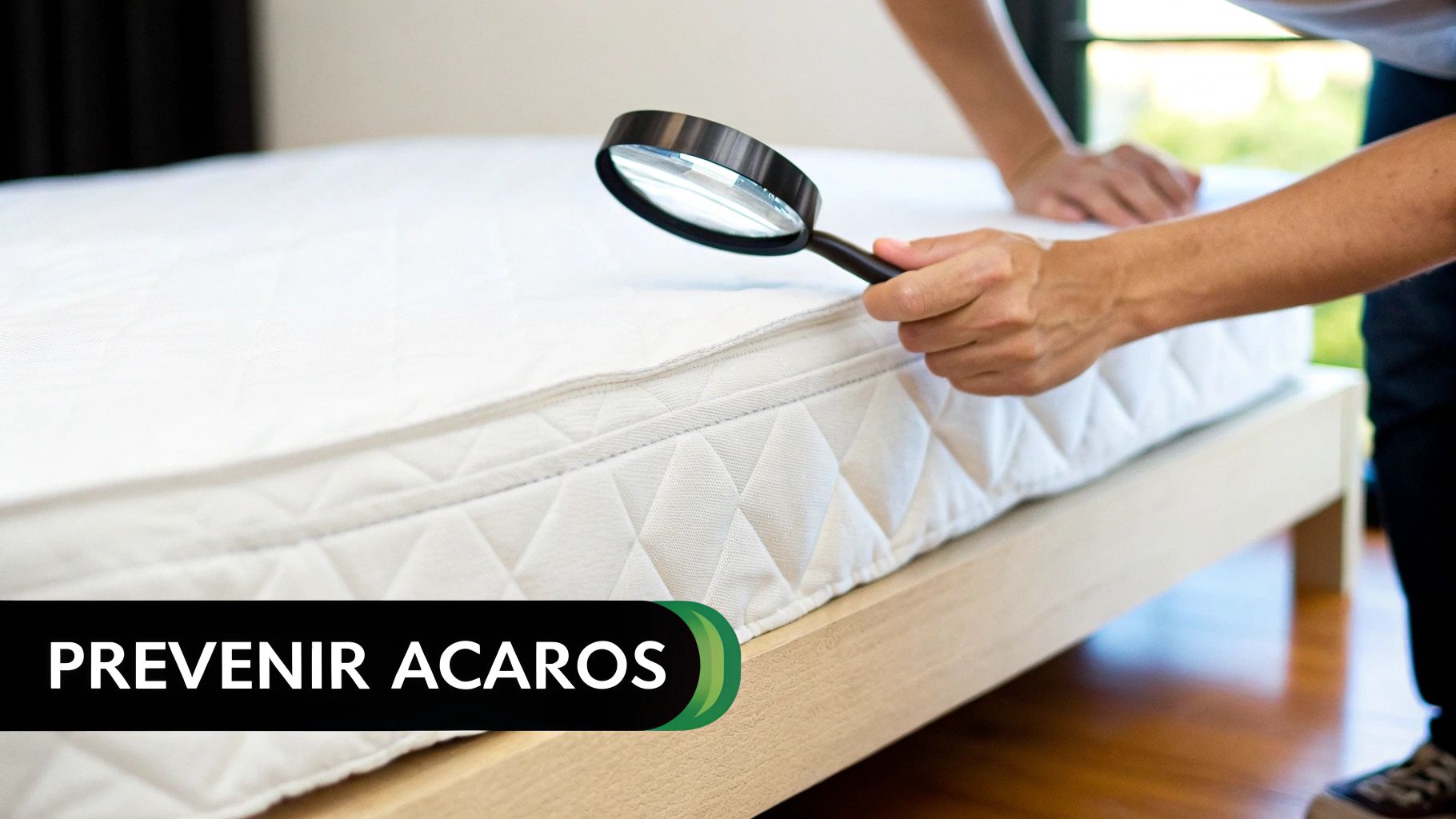 Persona con una lupa examinando un colchón blanco para prevenir ácaros, con el texto 'PREVENIR ACAROS'.