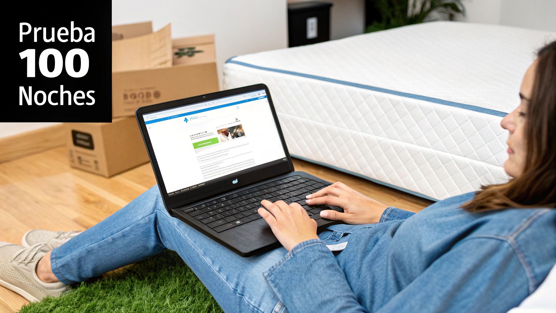Persona sentada en el suelo usando un portátil junto a un colchón y cajas, con el texto 'Prueba 100 Noches'.