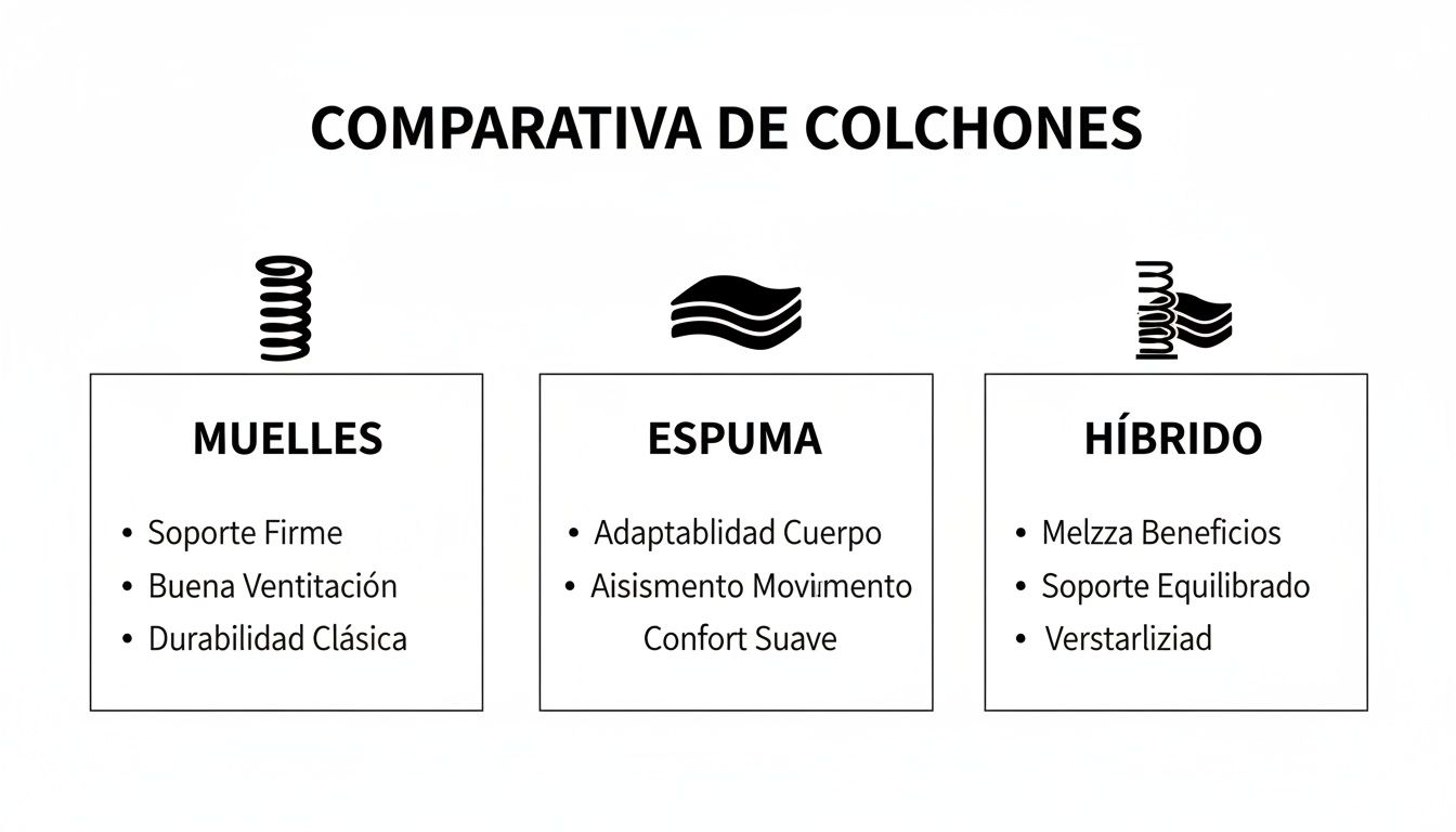 Tabla comparativa de tipos de colchones: muelles, espuma e híbridos, destacando sus características y beneficios principales.