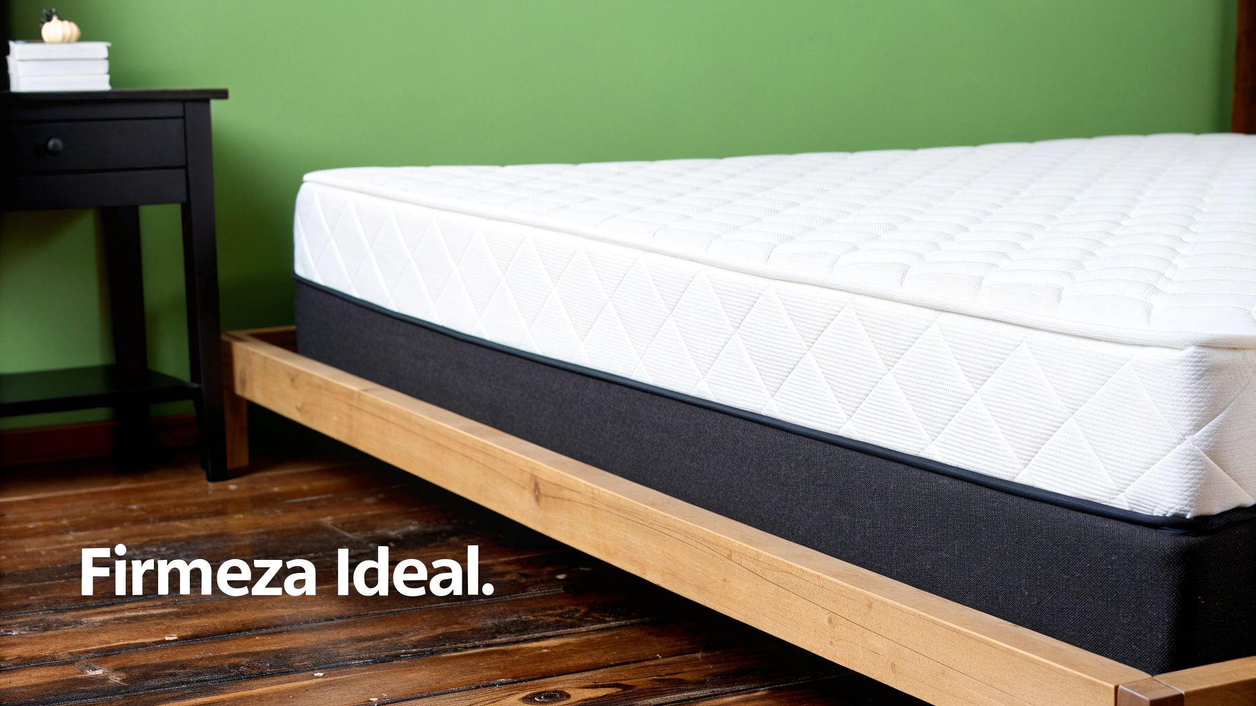 Colchón blanco y base gris sobre cama de madera, con mesita de noche negra y pared verde.