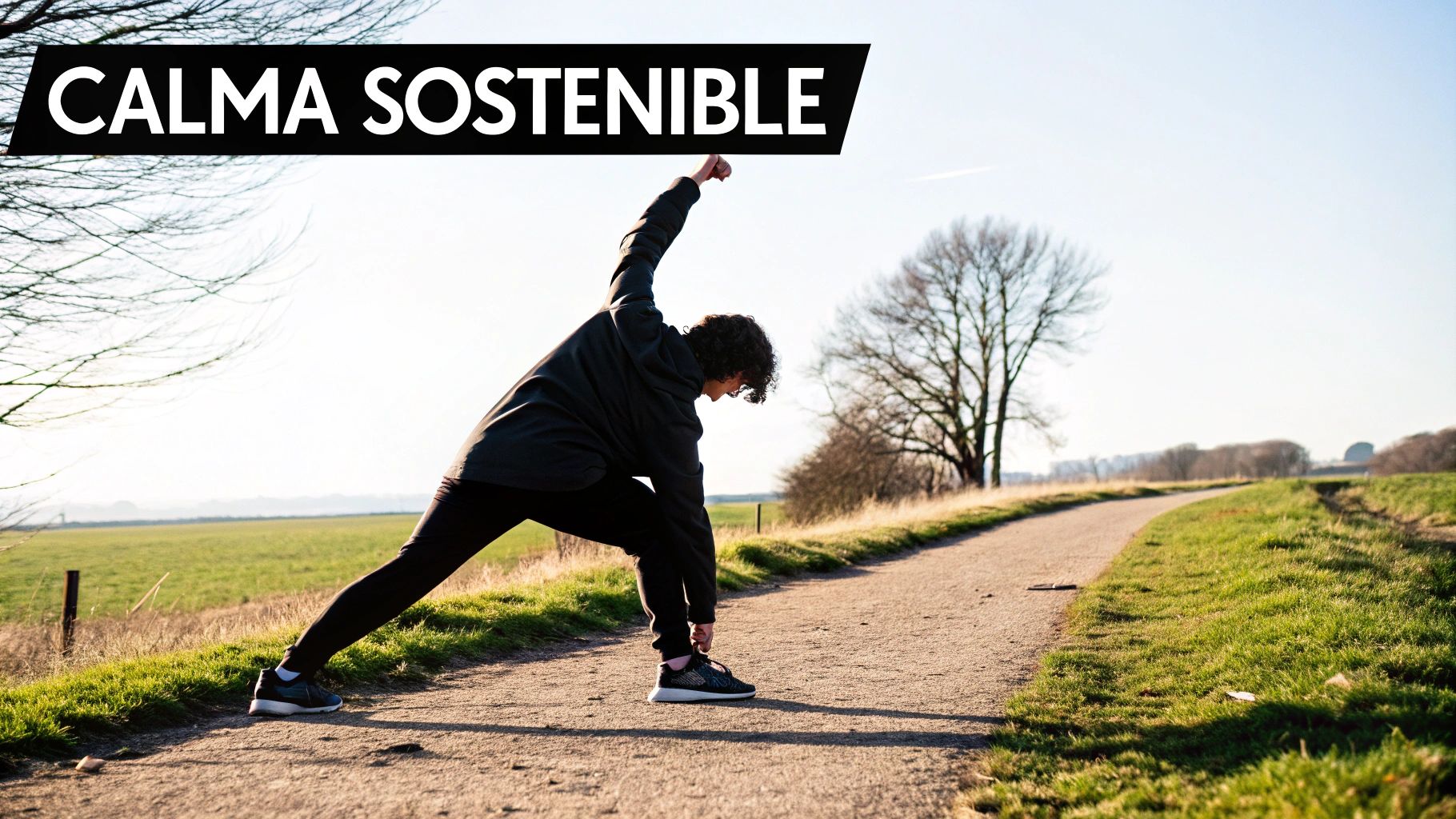 Persona estirándose en un camino de tierra al aire libre bajo un cielo soleado, con árboles y campos, y el texto 'CALMA SOSTENIBLE'.