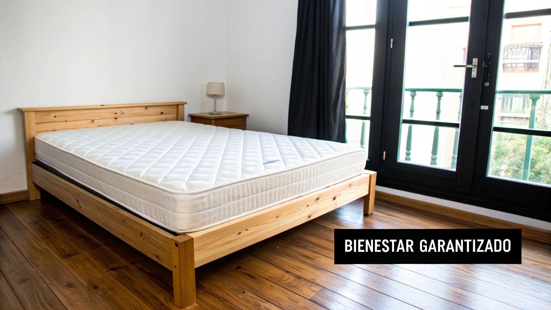 Dormitorio luminoso con cama de madera clara y colchón blanco, mesita de noche con lámpara, y vistas a un balcón.