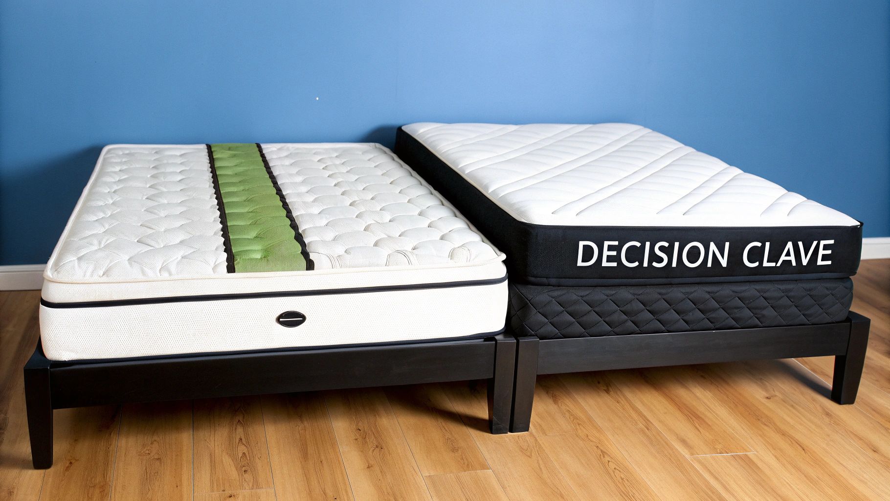 Dos colchones diferentes sobre bases negras, uno blanco con franja verde y otro con el texto 'DECISION CLAVE'.