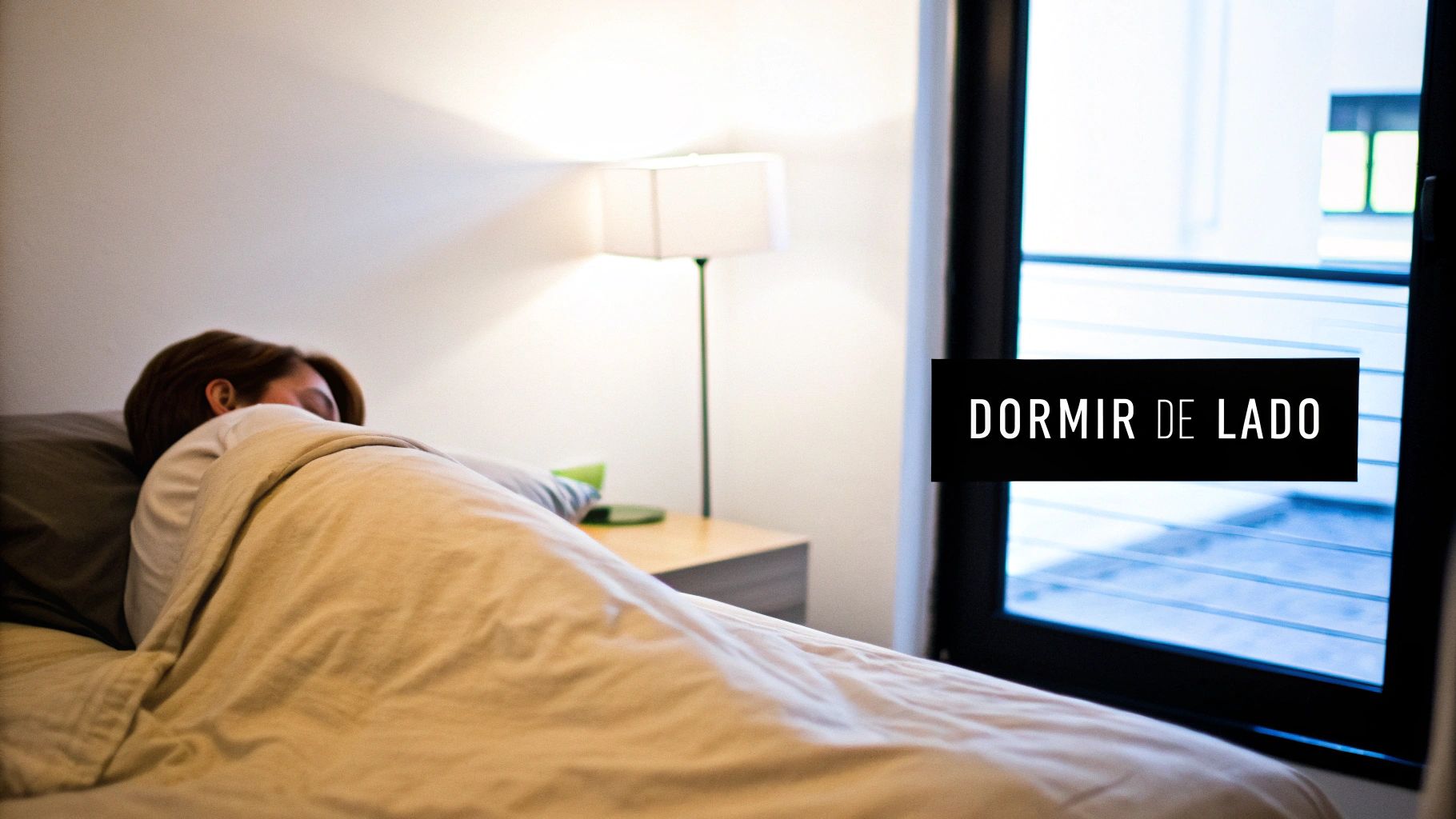 Una persona duerme cómodamente de lado en una cama, cubierta con un edredón, en un dormitorio iluminado.