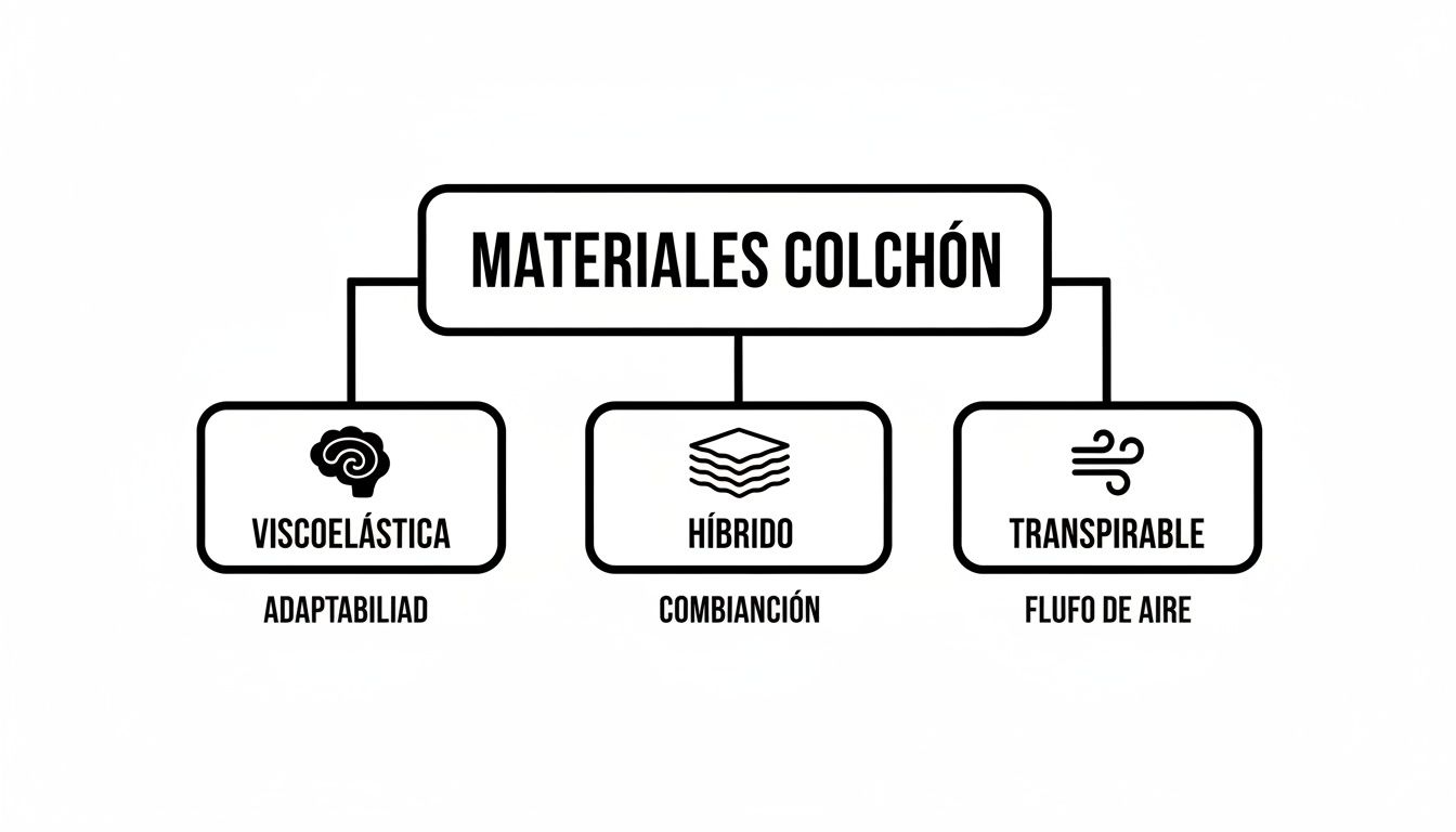 Diagrama que muestra los materiales de colchón: viscoelástica, híbrido y transpirable, con sus características clave.