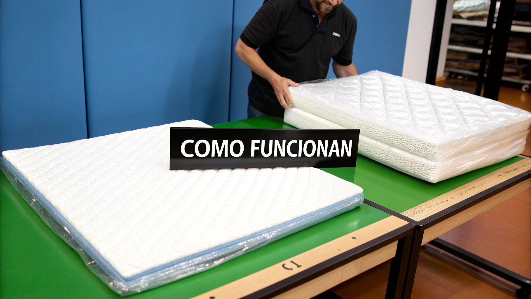 Detalle de la estructura interna de un colchón, mostrando capas de espuma y muelles.