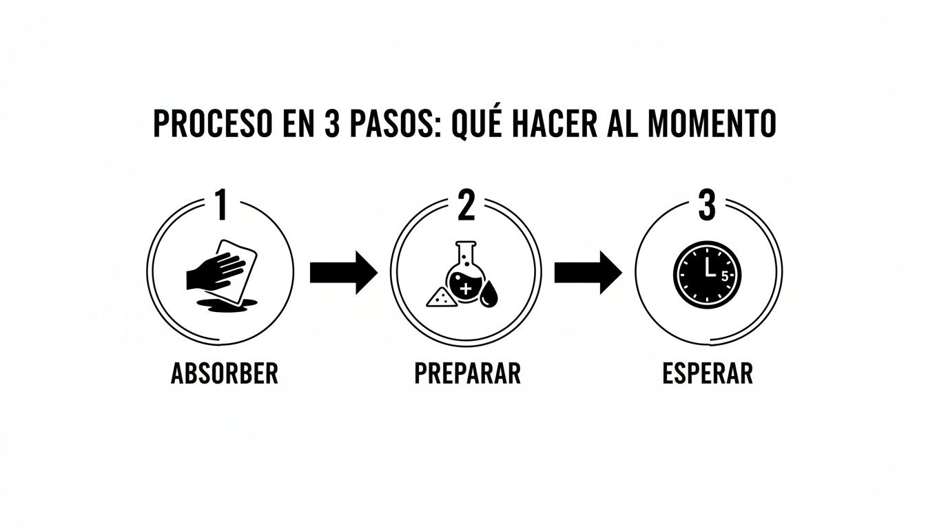 Diagrama de 3 pasos para limpiar: absorber el líquido, preparar una solución y esperar el tiempo indicado.