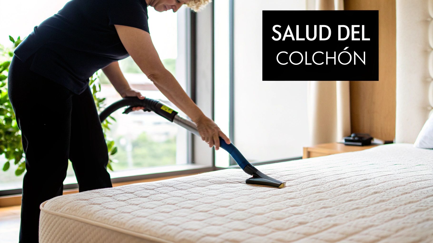 Una persona aspira un colchón para mejorar su higiene y la salud del descanso en un dormitorio luminoso.