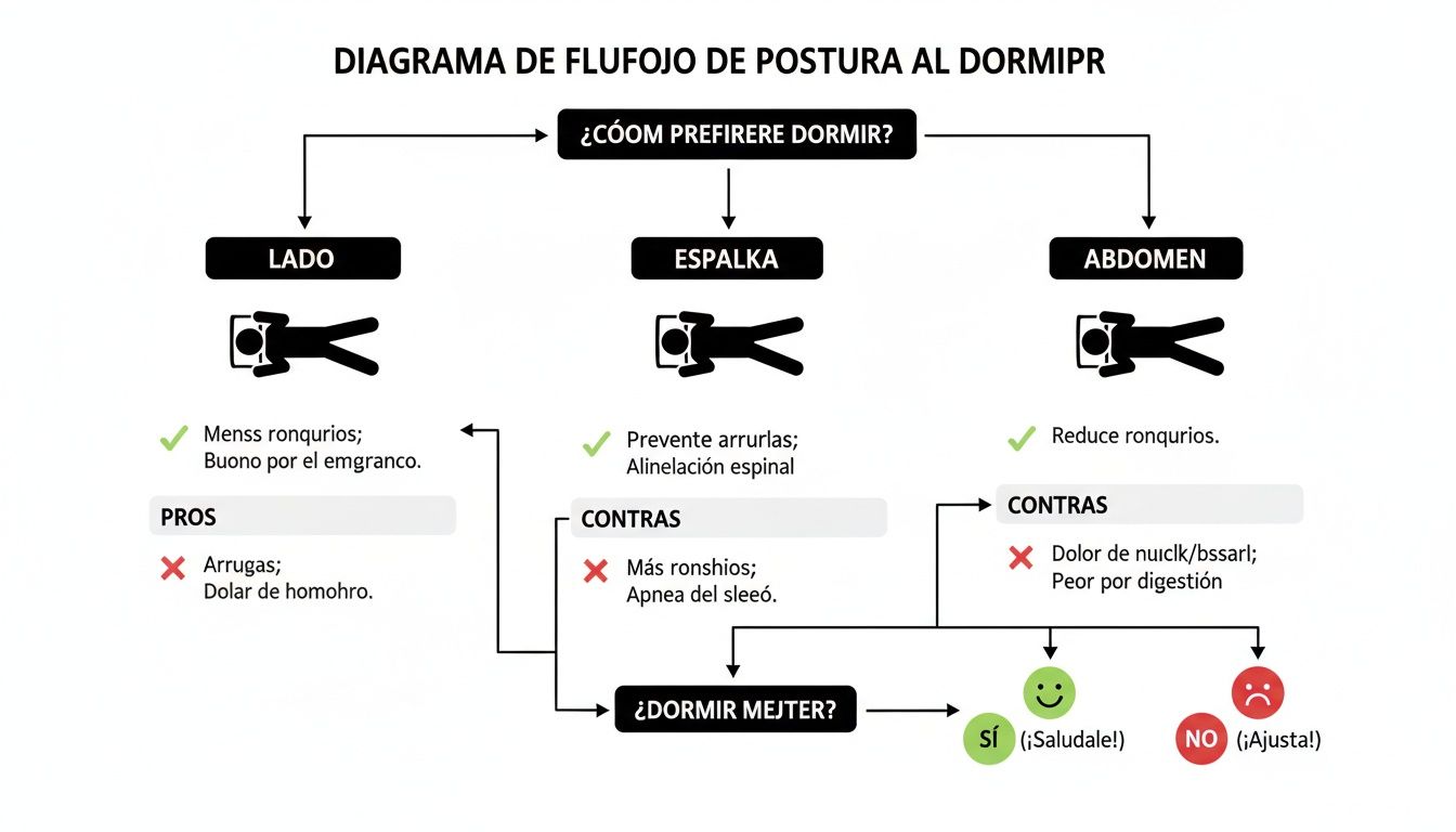 Diagrama de flujo sobre posturas para dormir, mostrando pros y contras de lado, espalda y abdomen.