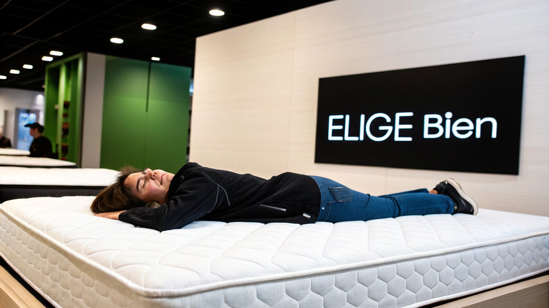Persona relajada probando la comodidad de un colchón blanco en un showroom de camas con un letrero de 'ELIGE Bien'.