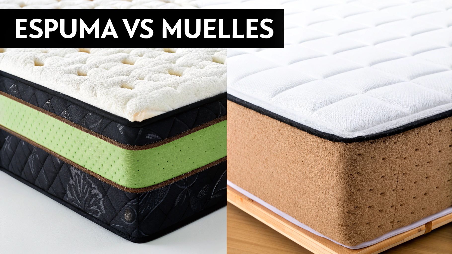 Vista detallada de dos colchones: uno con capas verdes y negras, otro de espuma marrón con perforaciones, comparando espuma vs muelles.