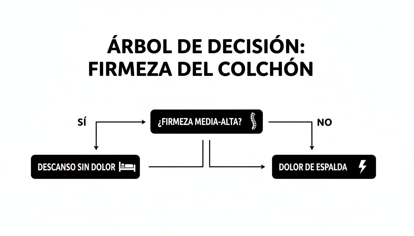 Diagrama de flujo sobre la firmeza del colchón: ¿es media-alta? Si sí, indica descanso sin dolor; si no, dolor de espalda.