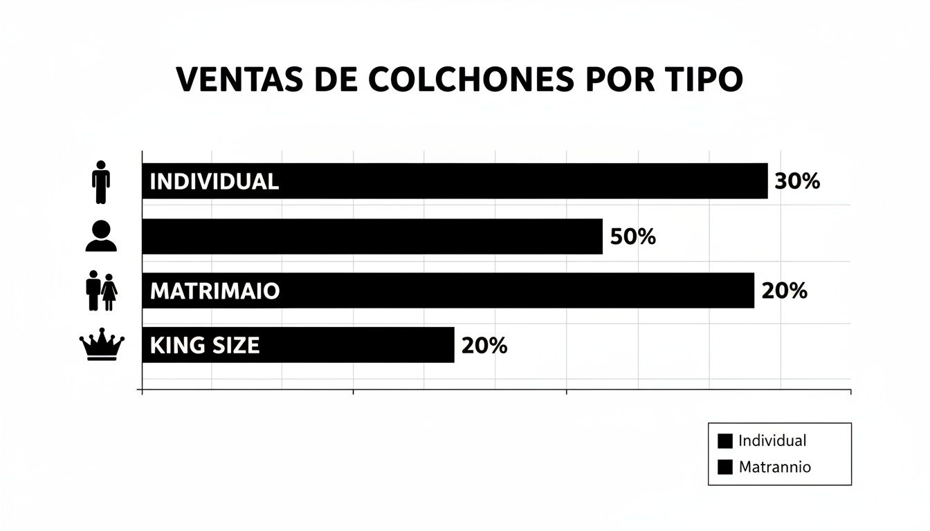 Gráfico de barras: ventas de colchones por tipo, mostrando Individual 30%, un tipo con 50%, Matrimaio 20% y King Size 20%.