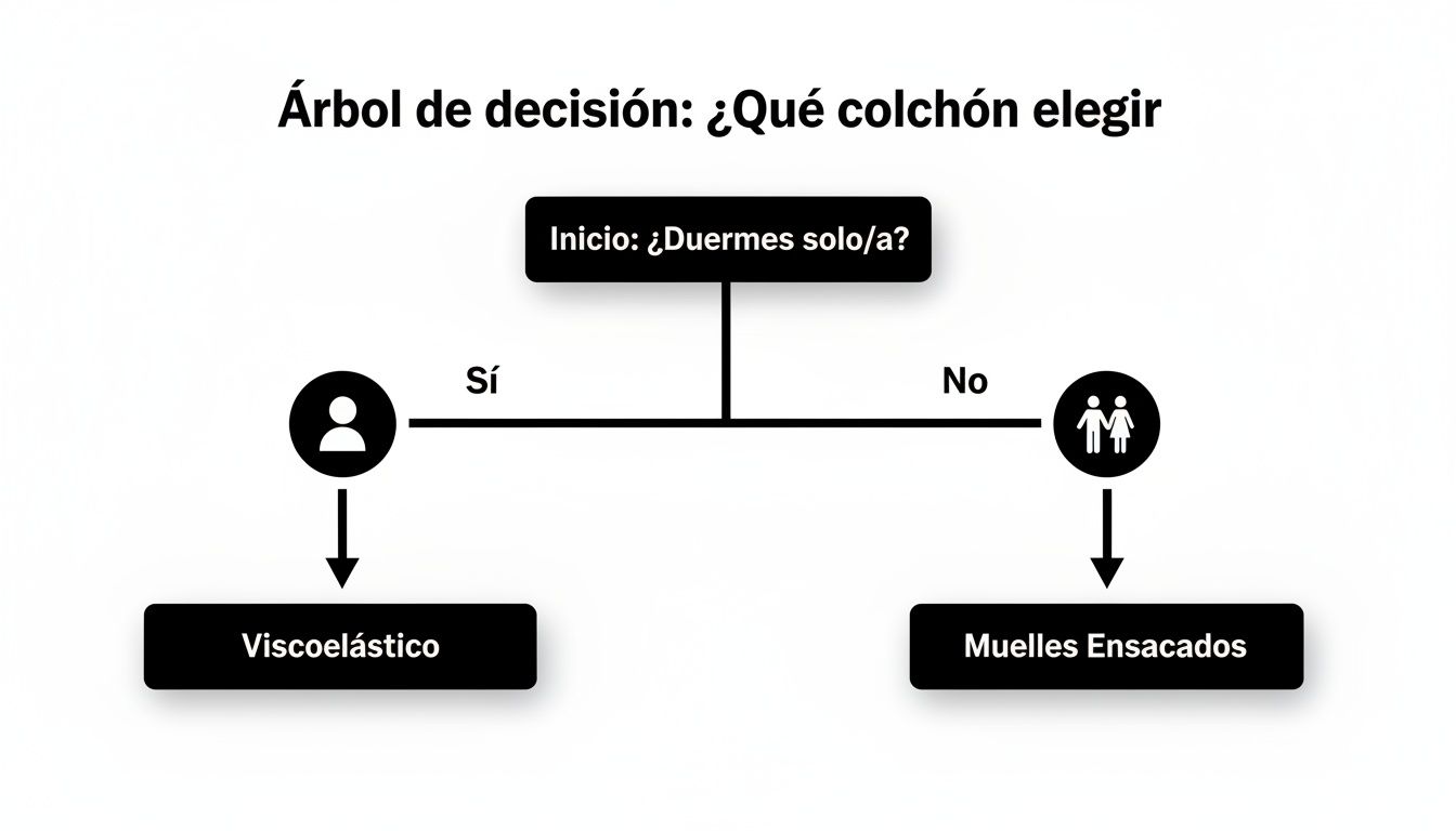Árbol de decisión para elegir colchón. Si duermes solo, viscoelástico; si no, muelles ensacados.