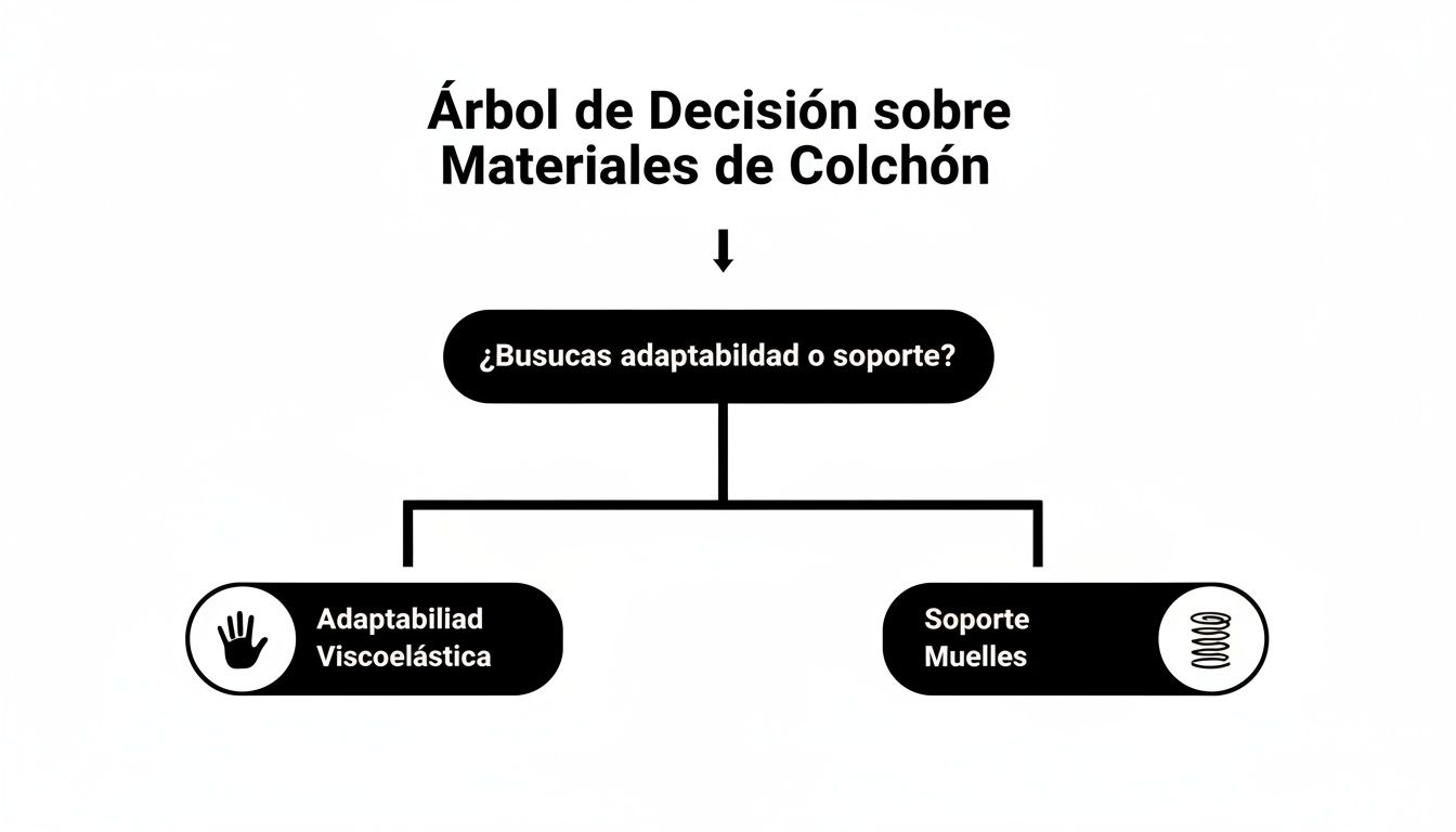 Árbol de decisión para elegir materiales de colchón: ¿buscas adaptabilidad o soporte? Opciones: viscoelástica o muelles.