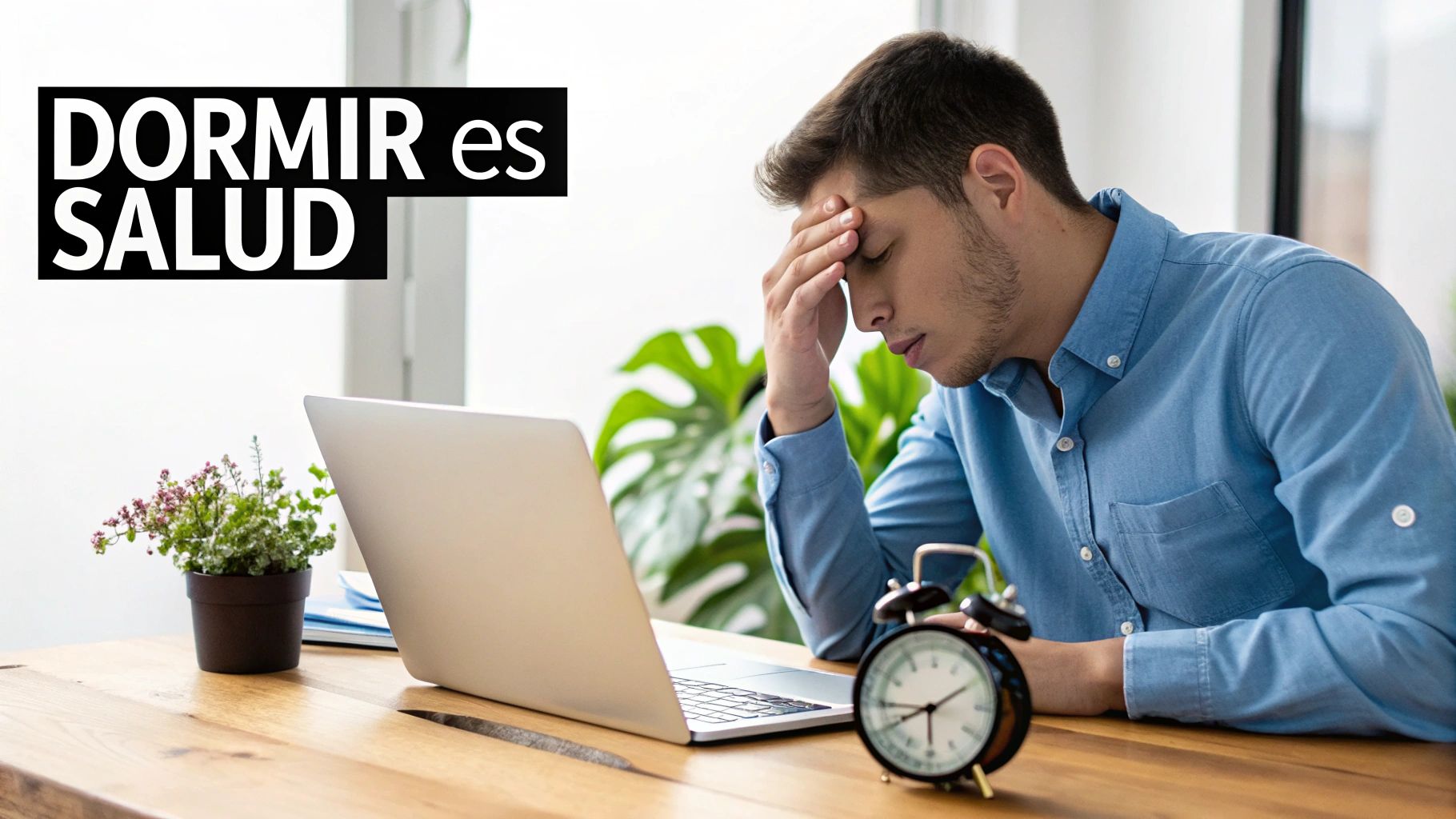 Hombre estresado o cansado en el trabajo con un portátil y un despertador, con el texto "DORMIR es SALUD".