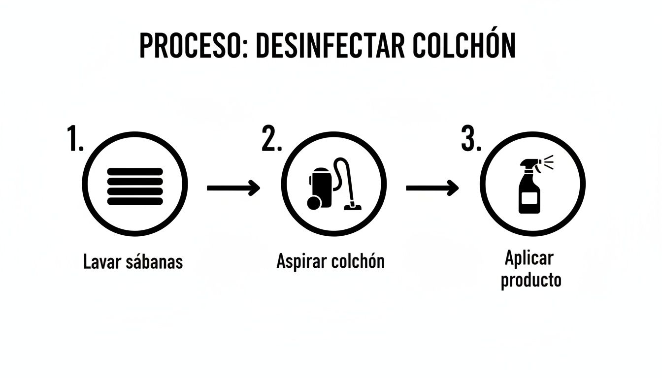 Proceso de desinfección de colchones en tres pasos: lavar sábanas, aspirar y aplicar producto desinfectante.
