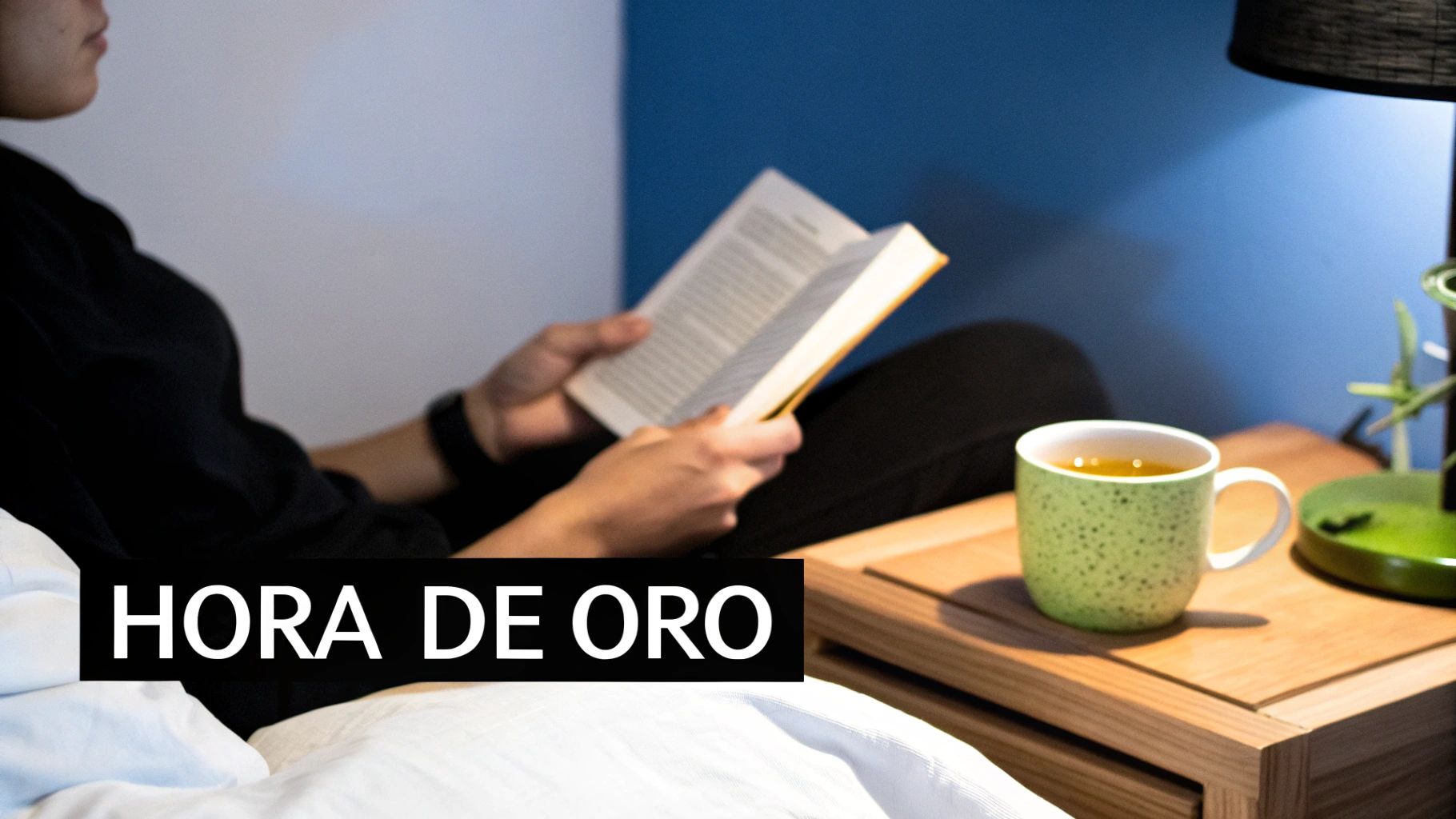 Persona relajándose en la cama, leyendo un libro con una taza de té en la mesa de noche.