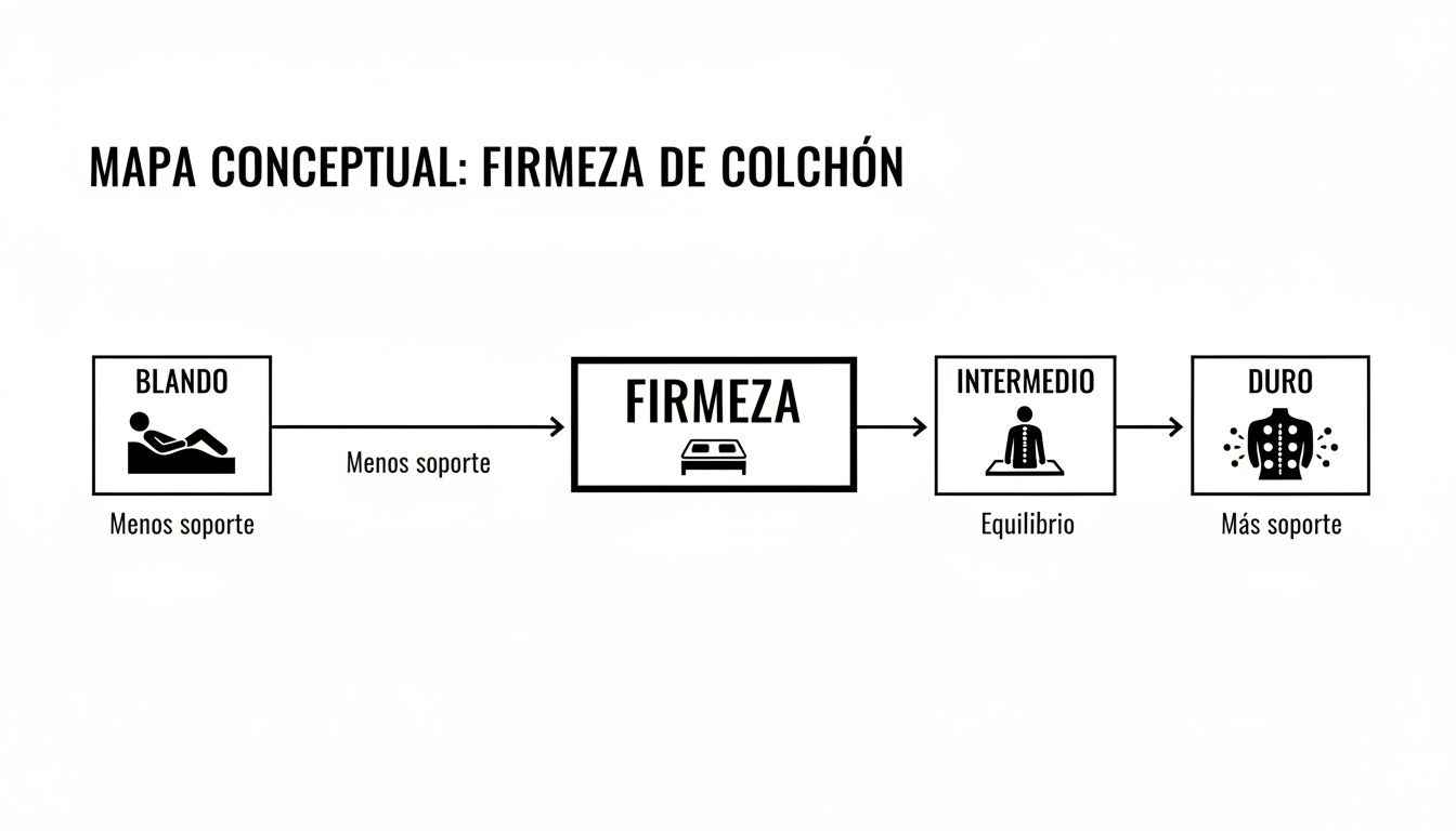 Mapa conceptual que ilustra la firmeza de los colchones, desde blando (menos soporte) hasta duro (más soporte).
