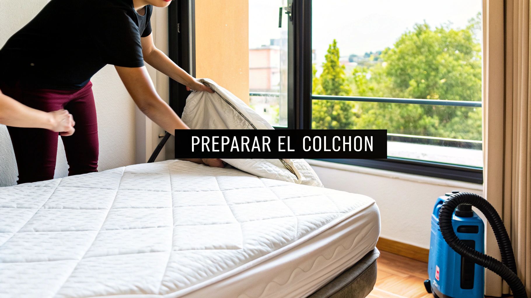 Persona colocando un protector acolchado sobre un colchón blanco en un dormitorio soleado, preparando la cama para desinfectar.