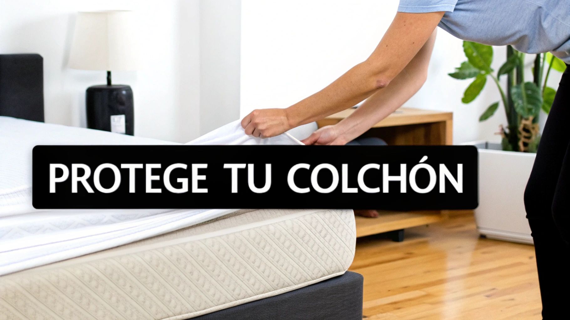 Persona colocando cuidadosamente un protector blanco sobre un colchón para su protección, con un texto destacando la importancia de cuidarlo.