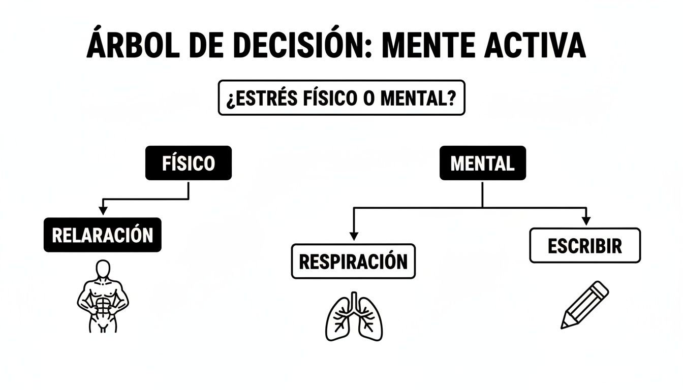 Árbol de decisión para manejar el estrés físico o mental con relajación, respiración y escritura.