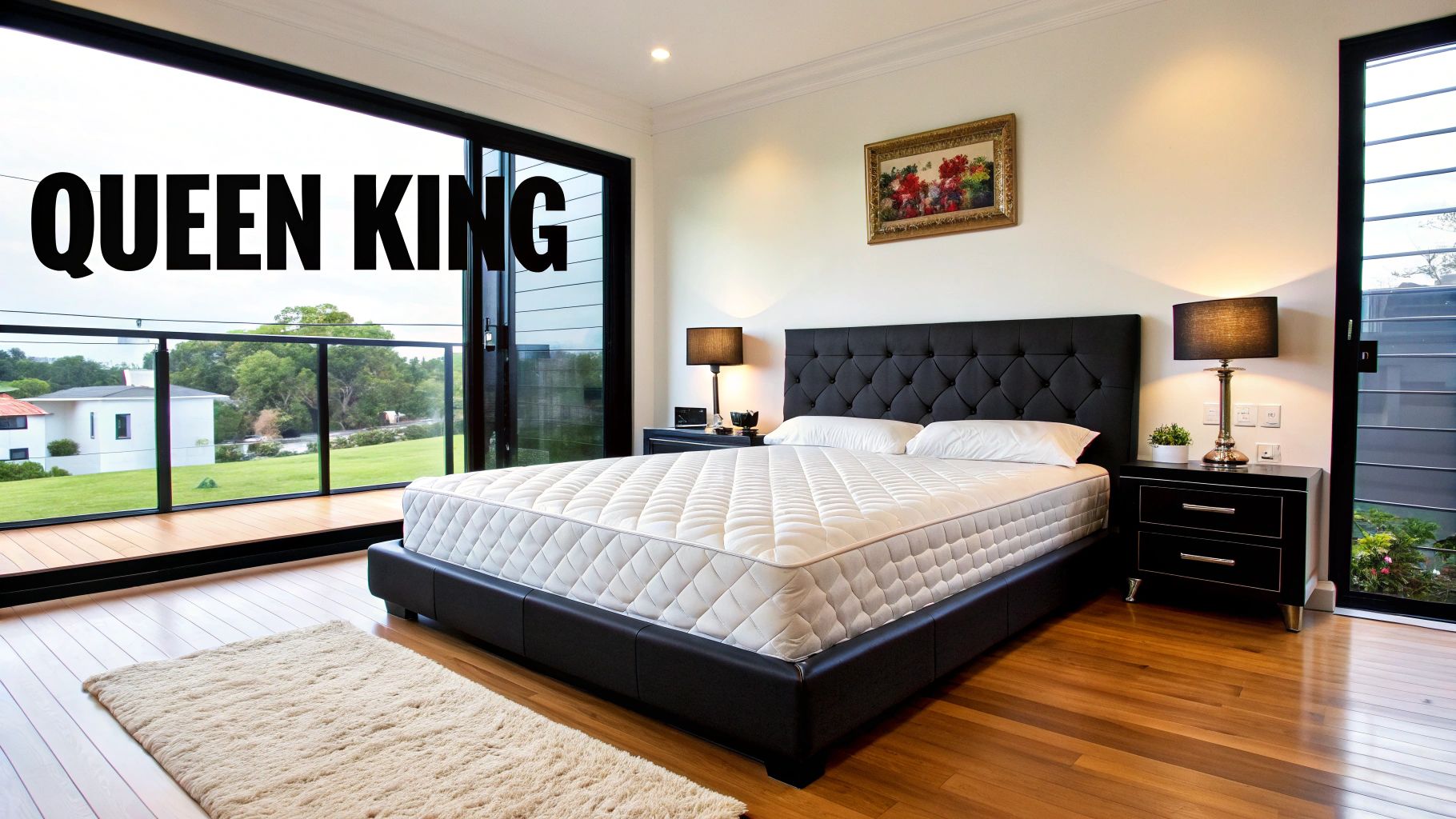 Dormitorio moderno con colchón Queen o King, cabecero negro, mesitas de noche y grandes ventanales.