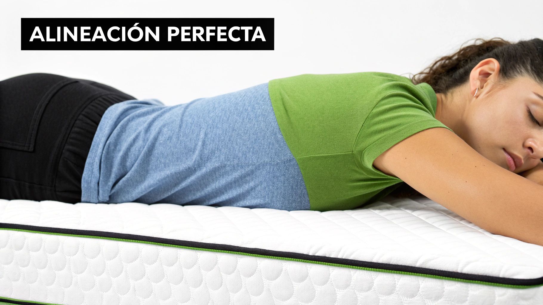 Una persona duerme boca abajo sobre un colchón blanco, mostrando una alineación corporal perfecta.