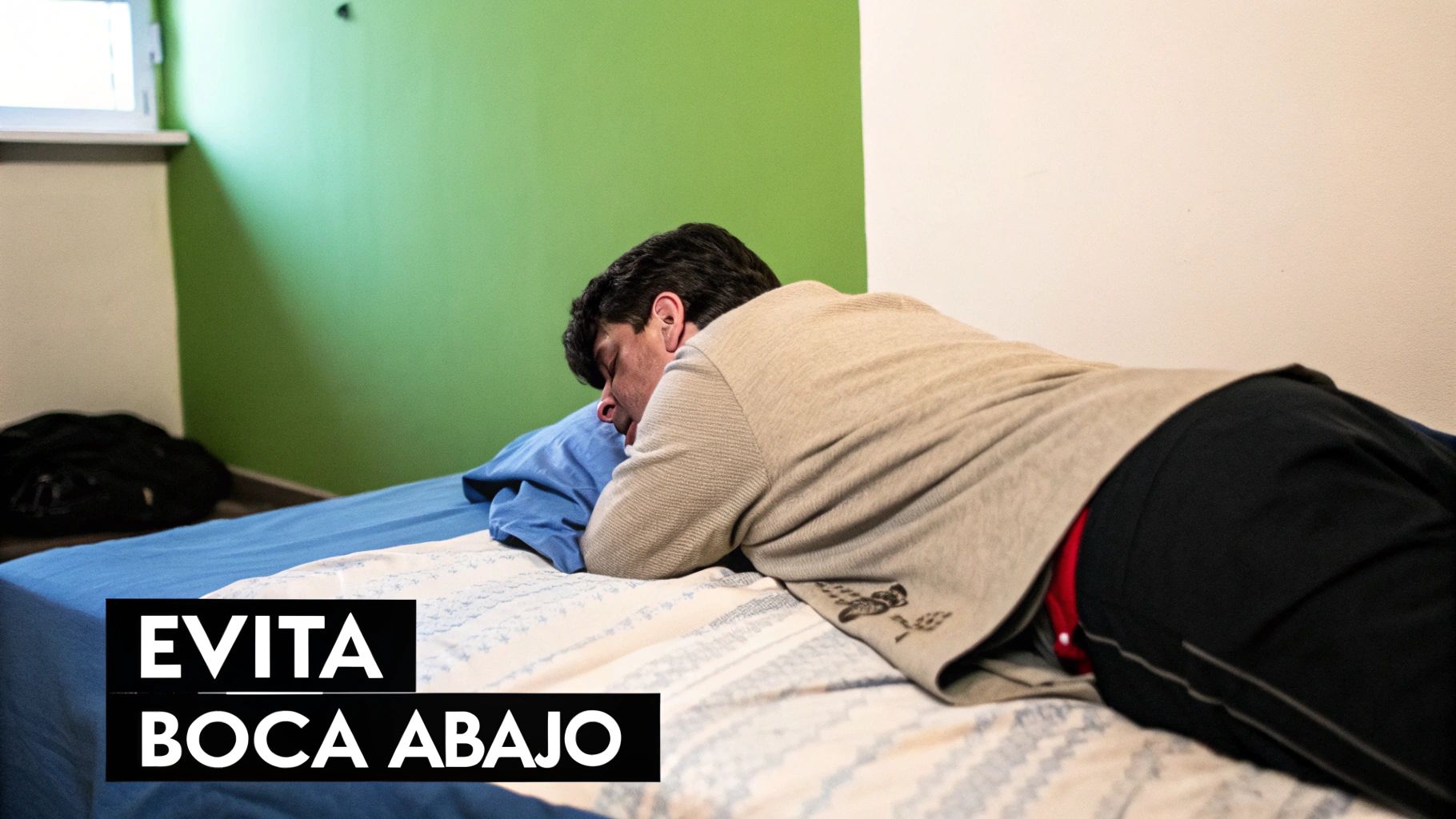 Hombre durmiendo boca abajo en una cama, con texto que aconseja evitar esta posición.