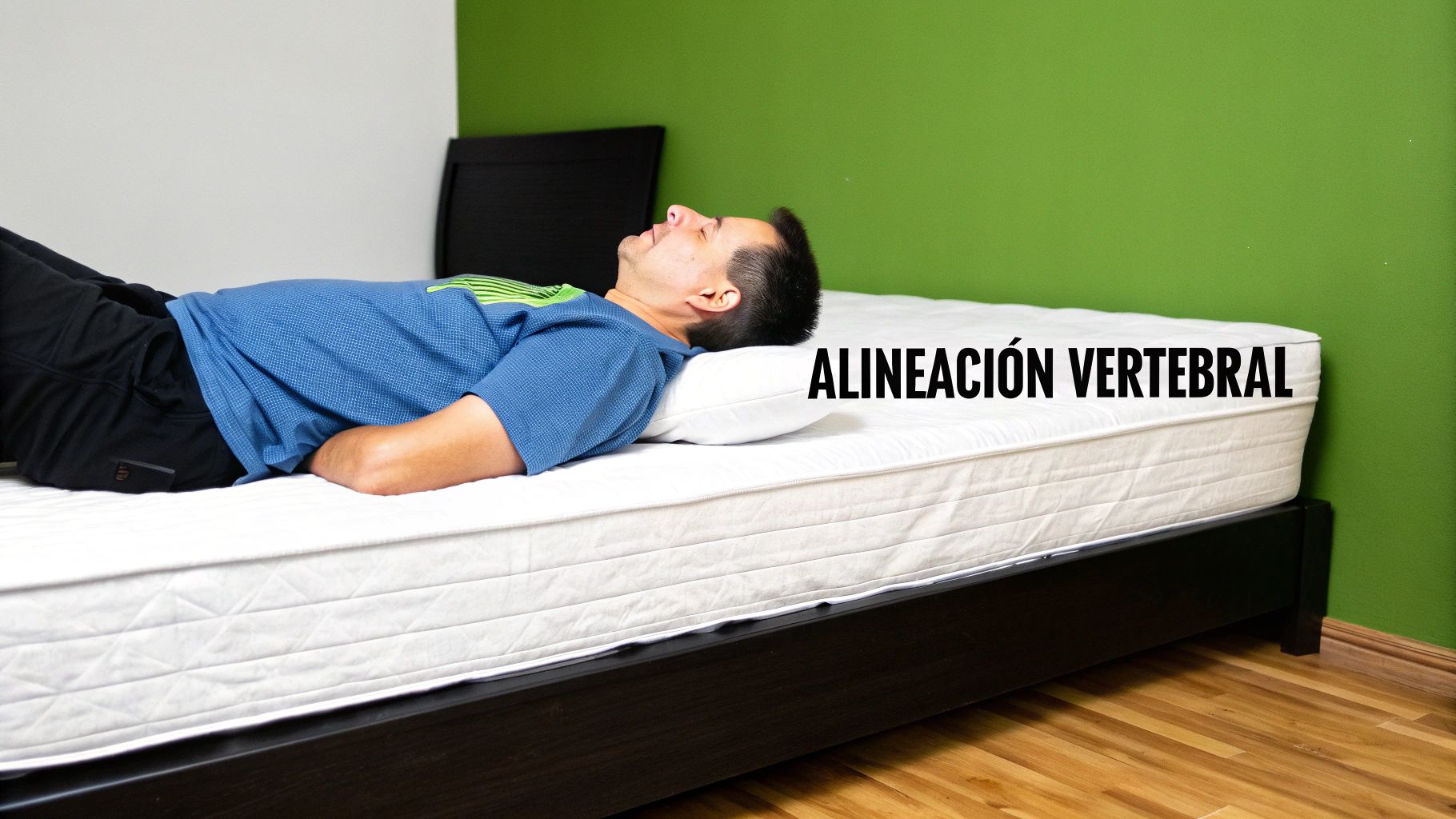 Hombre durmiendo boca arriba en una cama con almohada, demostrando una correcta alineación vertebral.
