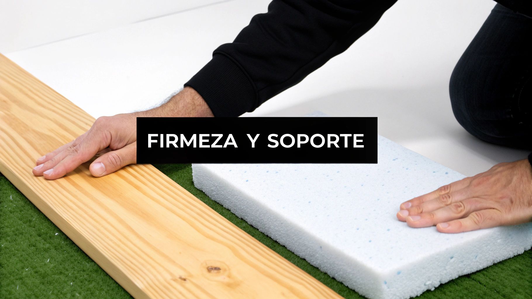 Manos comparando la firmeza de la madera y la suavidad de la espuma para soporte.