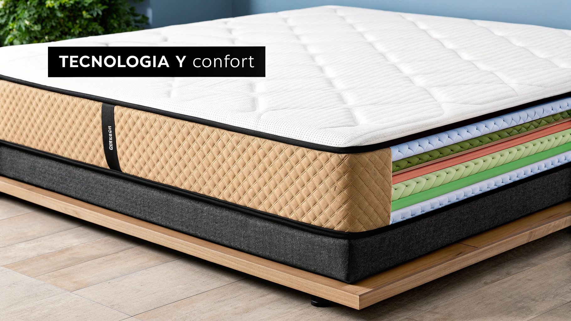 Colchón de capas múltiples con vista transversal mostrando su tecnología y confort sobre una base de madera.