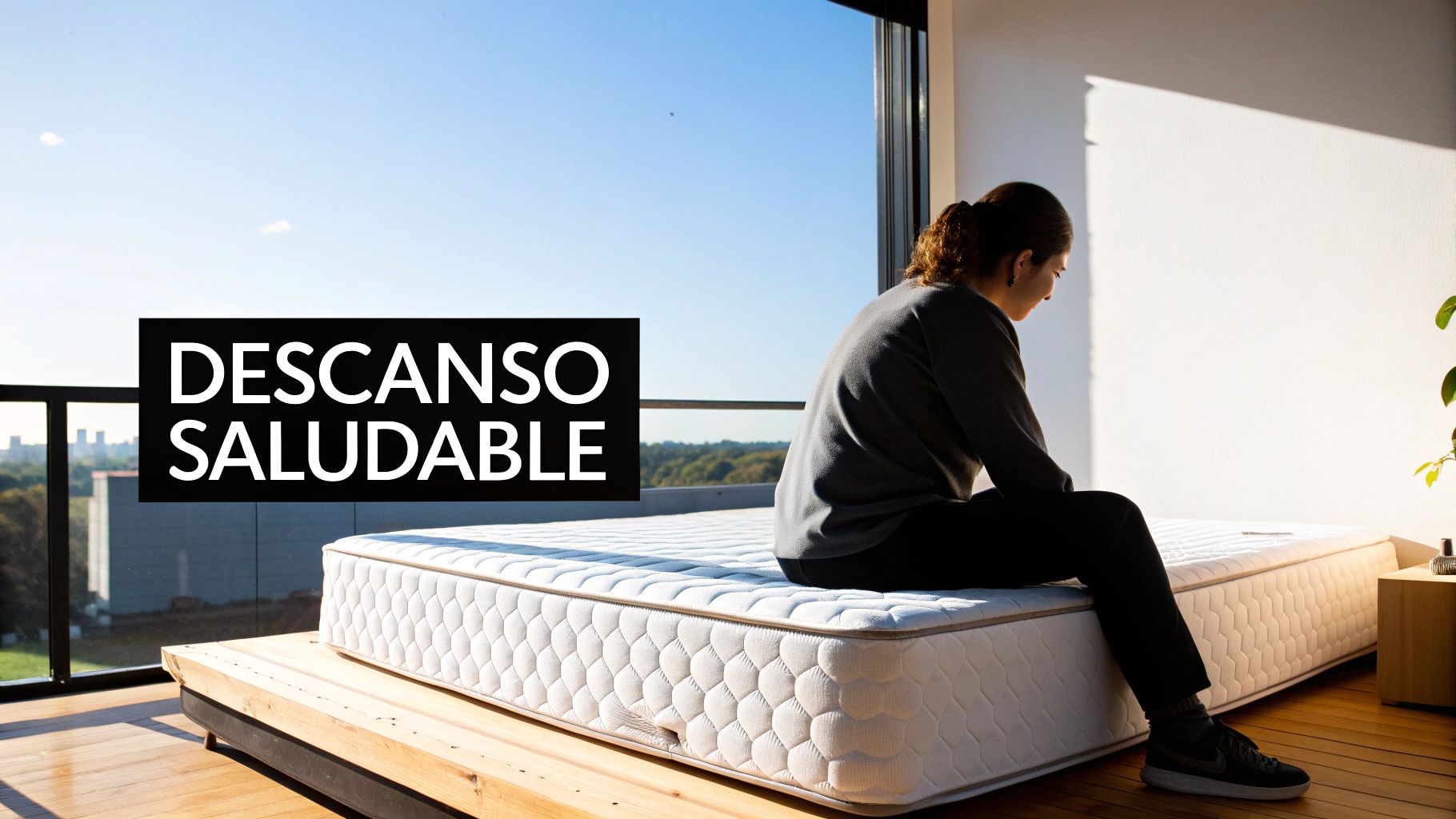 Mujer sentada en un colchón blanco en un dormitorio soleado con vista exterior y el mensaje 'Descanso Saludable'.