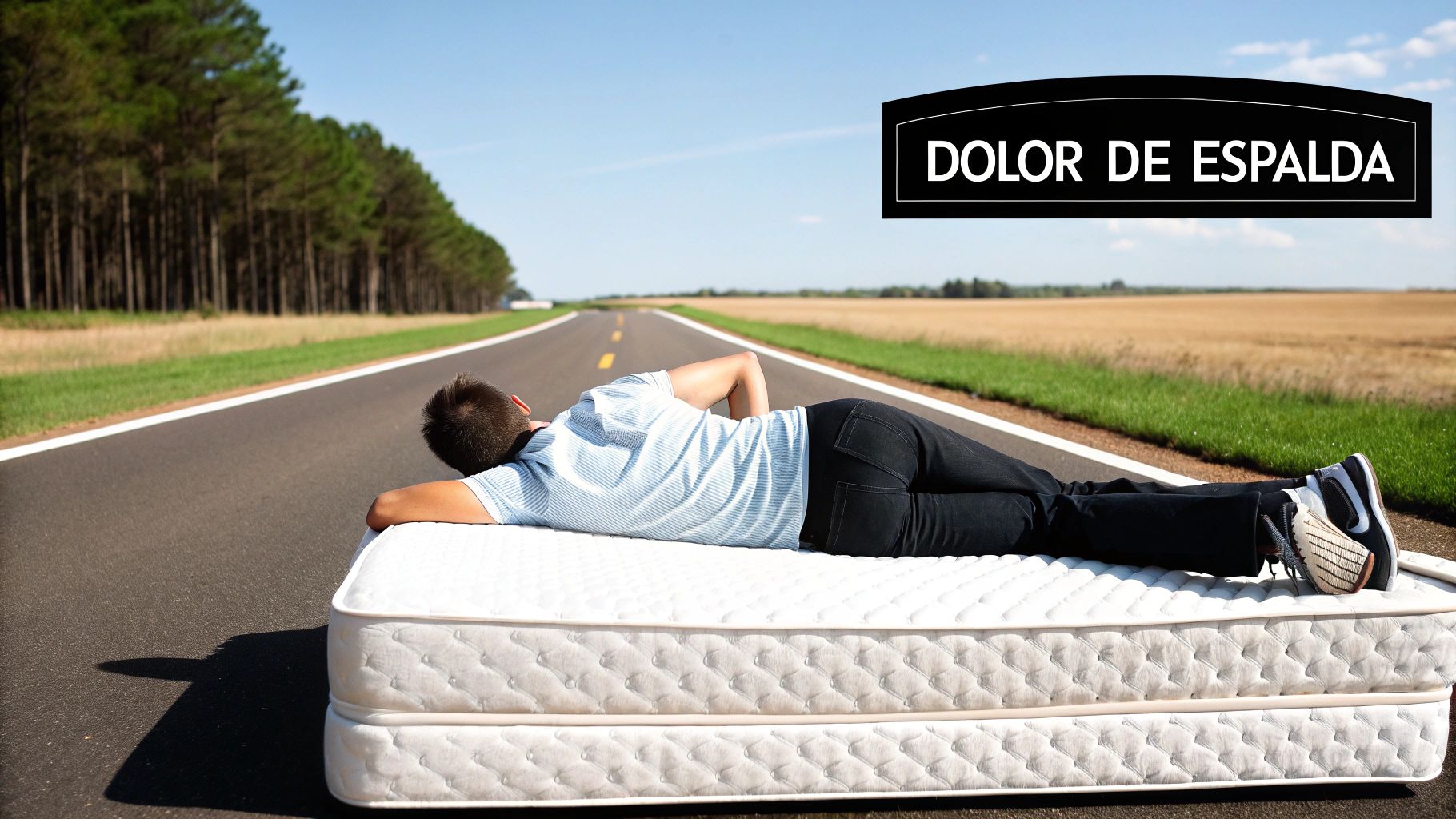 Hombre acostado boca abajo en un colchón en medio de una carretera desierta, con un cartel de 'Dolor de espalda' en el cielo.