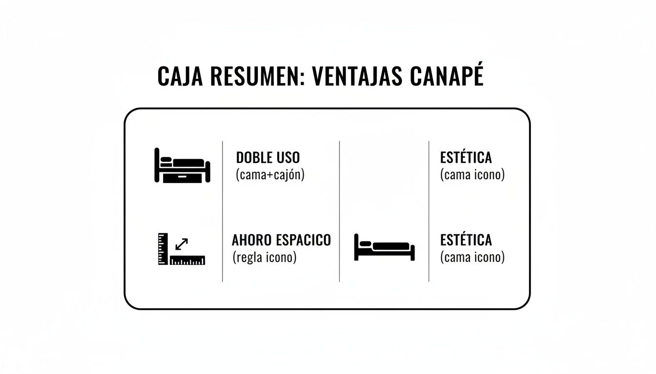 Caja resumen con las ventajas clave de un canapé: doble uso, ahorro de espacio y estética.