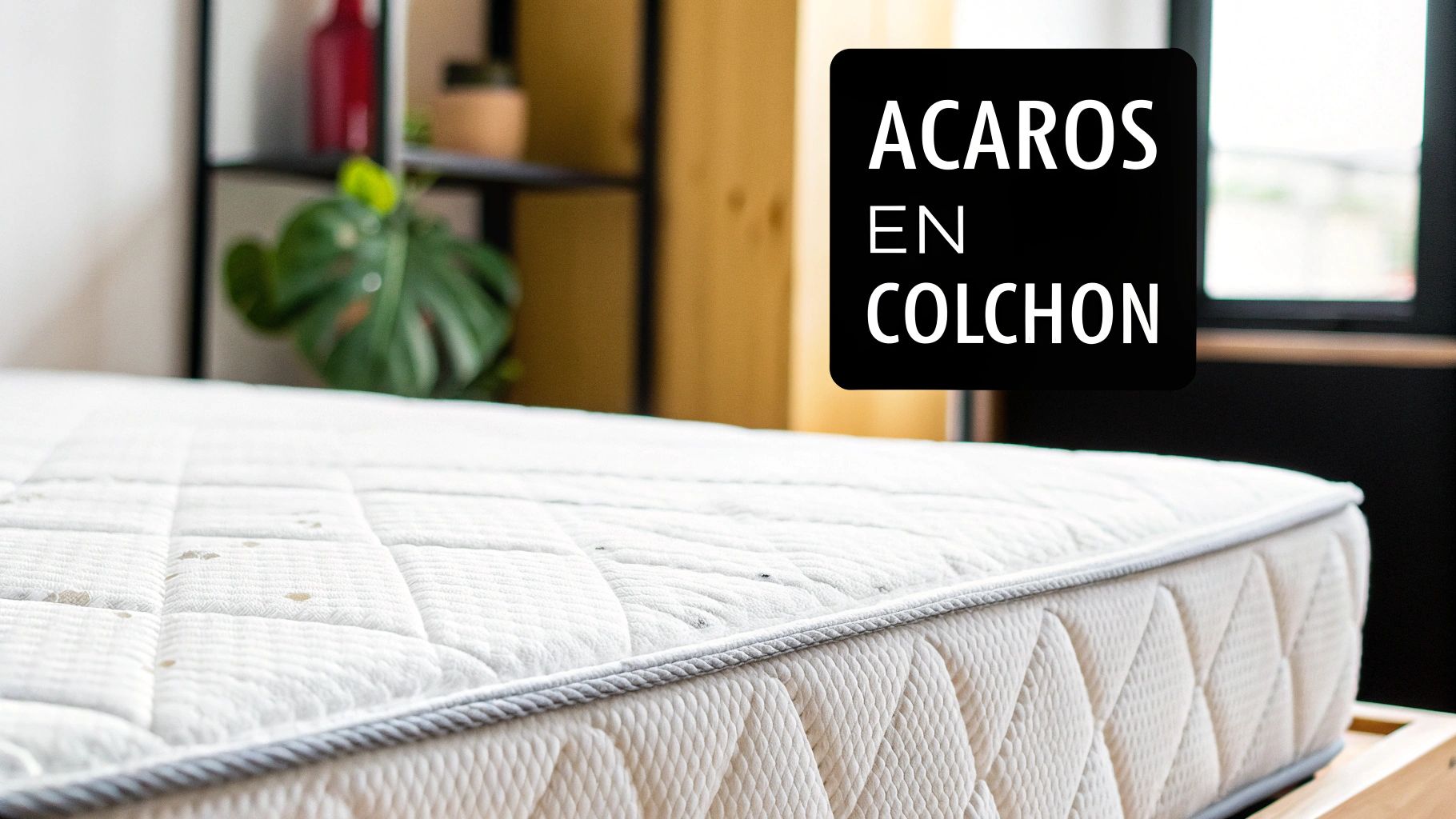 Colchón blanco acolchado en primer plano, con un recuadro negro que muestra 'ÁCAROS EN COLCHÓN'.