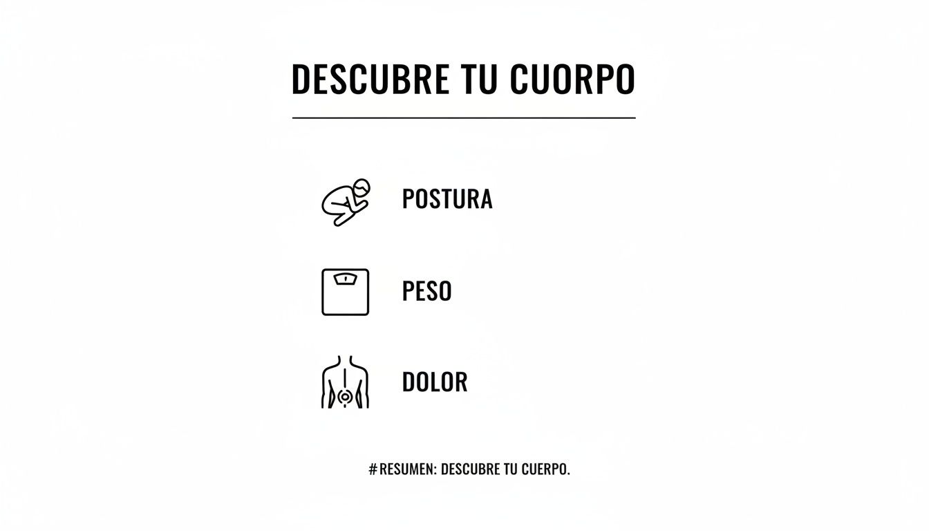 Una imagen que invita a descubrir tu cuerpo, resaltando aspectos como la postura, el peso y el dolor.