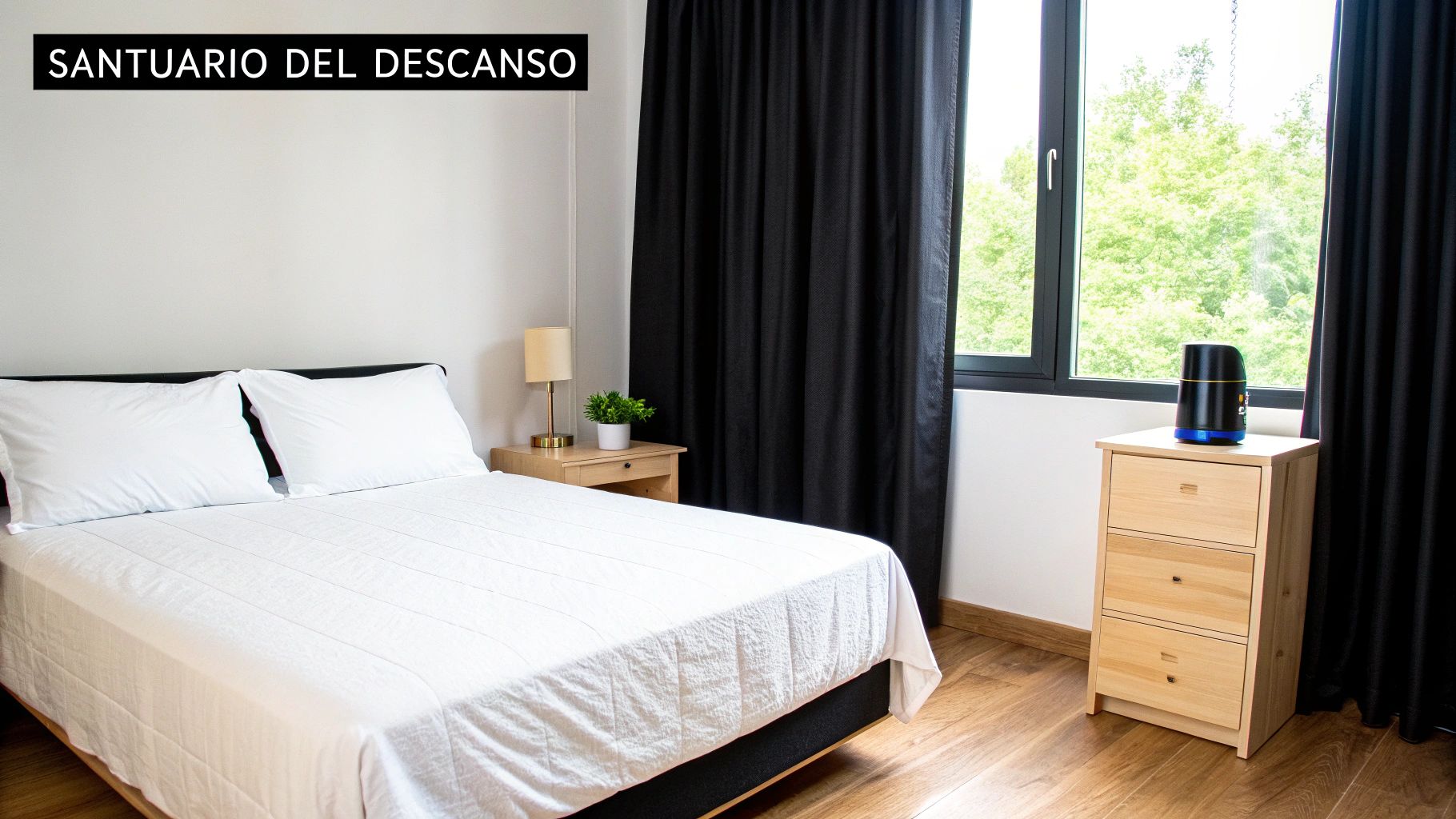 Dormitorio moderno con cama blanca, cortinas negras y muebles de madera clara. Ventana con vista a la naturaleza y un letrero.