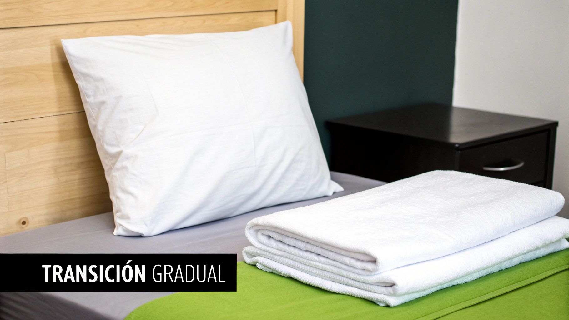 Cama hecha con almohada blanca, toallas dobladas, cabecero de madera y mesita de noche.