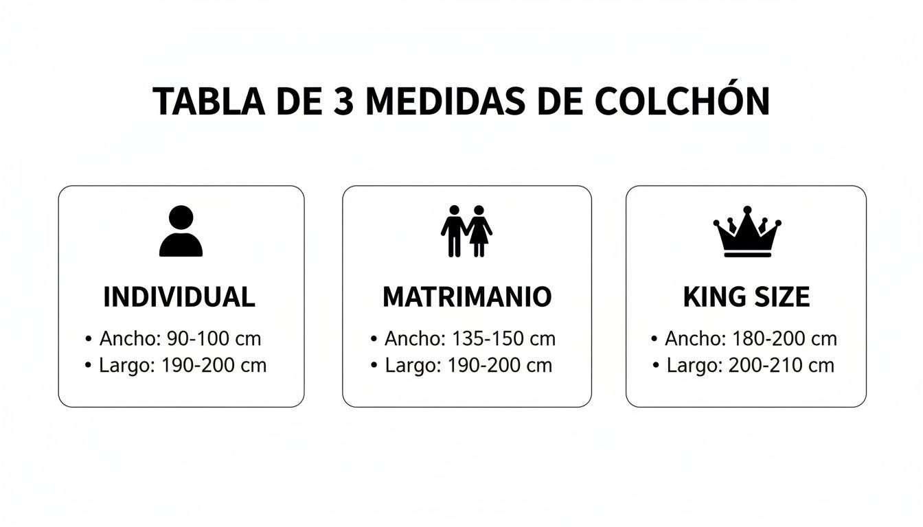 Tabla comparativa de 3 medidas de colchón (individual, matrimonio, king size) con sus dimensiones de ancho y largo en cm.